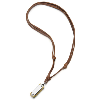 COOLSTEELANDBEYOND Harmonica Pendant Men Women Leather Necklace with Adjustable Brown Leather Cord