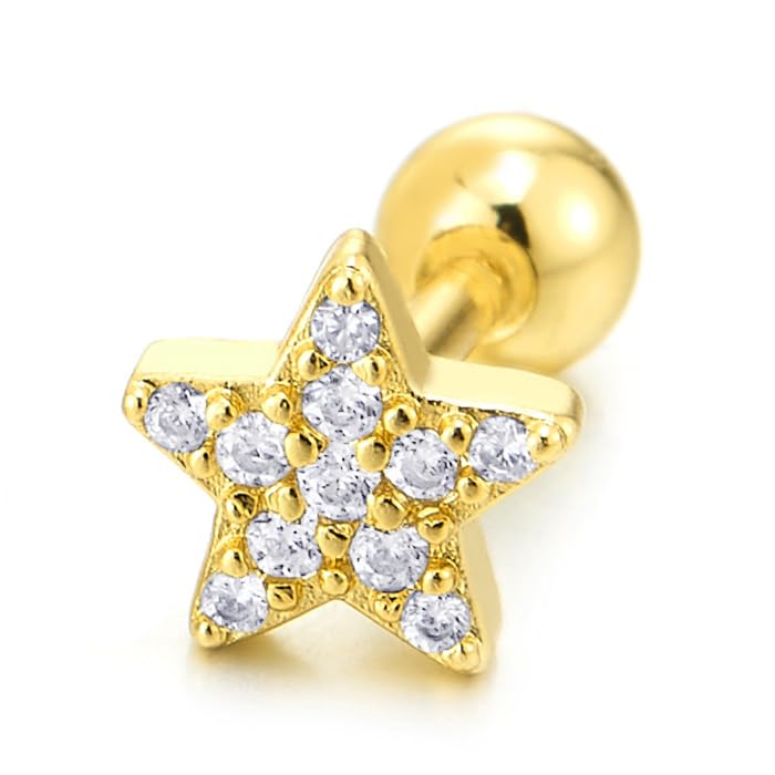 Star Gold Color Pentagram Stud Earrings with Cubic Zirconia, 2pcs Womens Steel, Screw Back