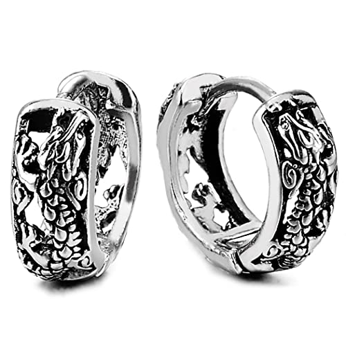 Pair Stainless Steel Dragon Filigree Huggie Hinged Hoop Earrings for Men