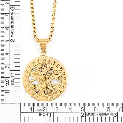COOLSTEELANDBEYOND Gold Color Tree of Life Pentagram Wiccan Symbol Medal Circle Pendant, Mens Women Steel Necklace