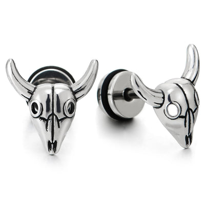 Pair of Bull Goat Skull Stud Earrings Unisex for Mens Stainless Steel