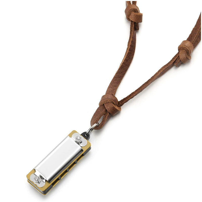 COOLSTEELANDBEYOND Harmonica Pendant Men Women Leather Necklace with Adjustable Brown Leather Cord