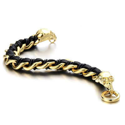 COOLSTEELANDBEYOND Stainless Steel Mens Gold Skull Curb Chain Bracelet Interwoven with Black Genuine Braided Leather