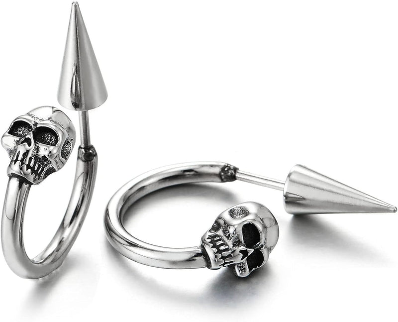 Half Hoop Skull Stud Earrings for Man Women, Stainless Steel, Spiked Screw Back, 2 pcs