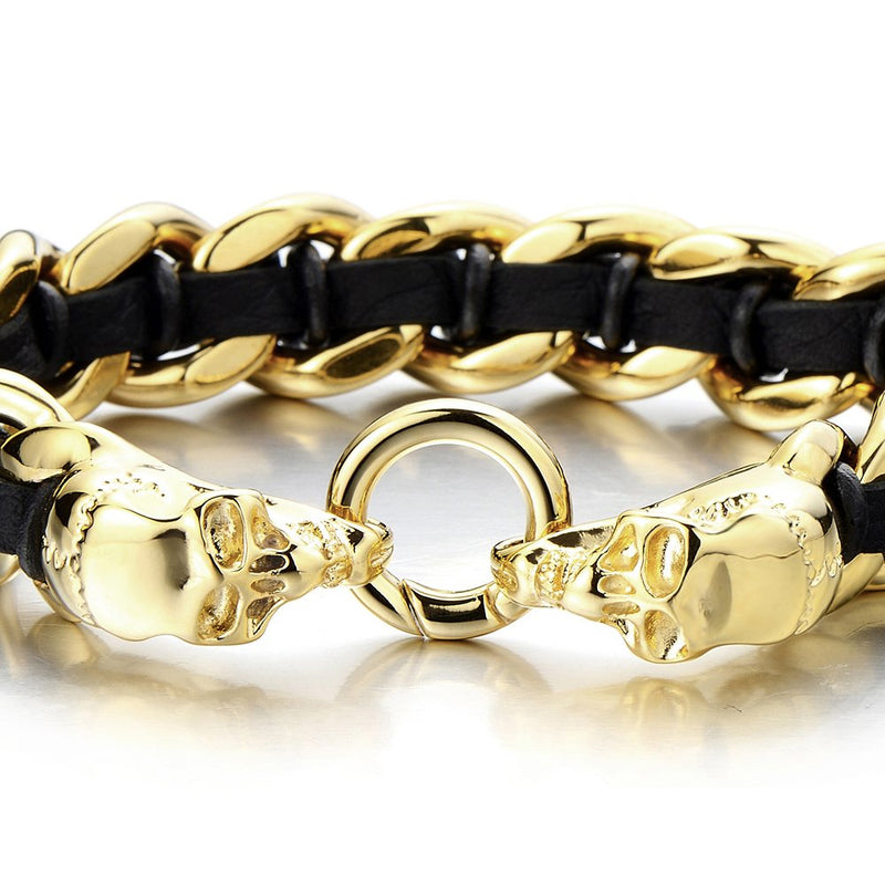 COOLSTEELANDBEYOND Stainless Steel Mens Gold Skull Curb Chain Bracelet Interwoven with Black Genuine Braided Leather