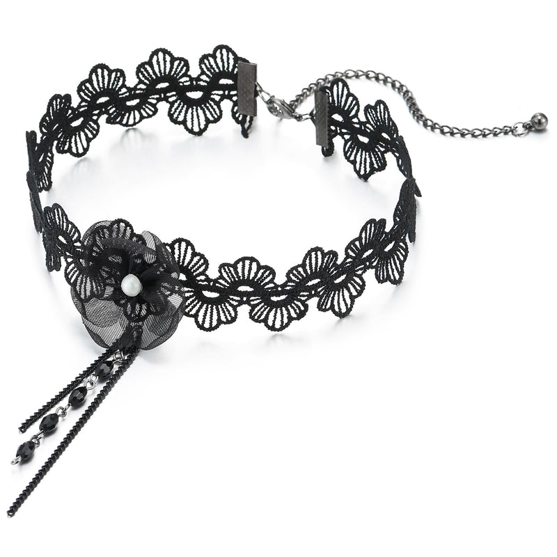 COOLSTEELANDBEYOND Gothic Victorian Nostalgic Choker Necklace Women Flower Black Lace with Black Chain Beads Charm