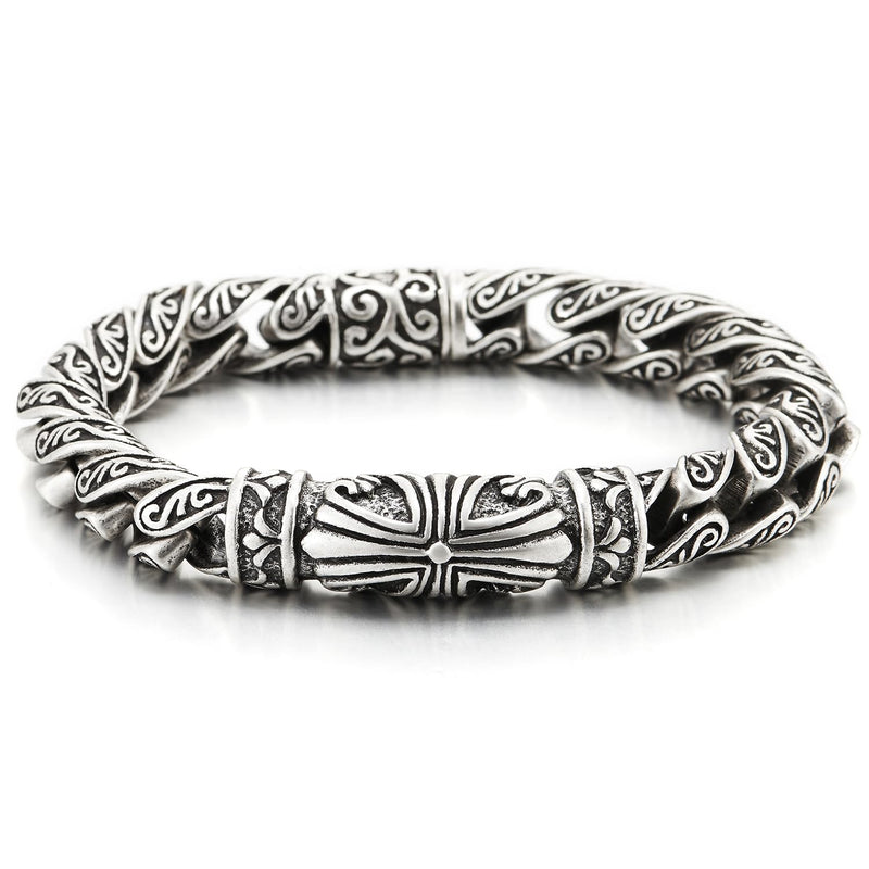 COOLSTEELANDBEYOND Retro Style Tribal, Mens Steel Cross Charm Vintage Link Chain Bracelet Spring Clasp, 8.7 Inches