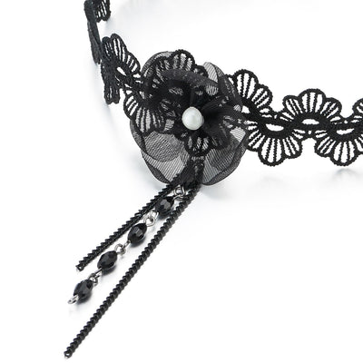 COOLSTEELANDBEYOND Gothic Victorian Nostalgic Choker Necklace Women Flower Black Lace with Black Chain Beads Charm