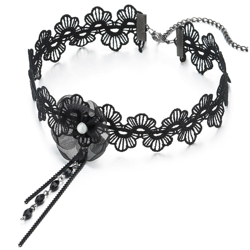 COOLSTEELANDBEYOND Gothic Victorian Nostalgic Choker Necklace Women Flower Black Lace with Black Chain Beads Charm