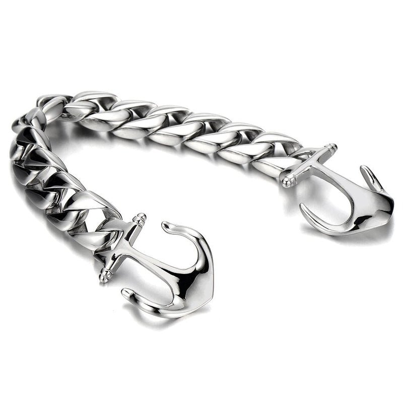 COOLSTEELANDBEYOND Exquisite Stainless Steel Mens Marine Anchor Curb Chain Bangle Bracelet Silver Color Polished - coolsteelandbeyond