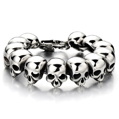 COOLSTEELANDBEYOND Mens Stainless Steel Large Skull Link Bracelet Biker Gothic Style Silver Color High Polished - coolsteelandbeyond