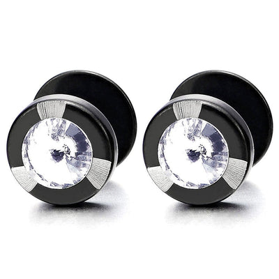 10mm Mens Black Stud Earrings with Spike Cubic Zirconia, Steel Illusion Tunnel Fake Ear Plugs Gauges - COOLSTEELANDBEYOND Jewelry