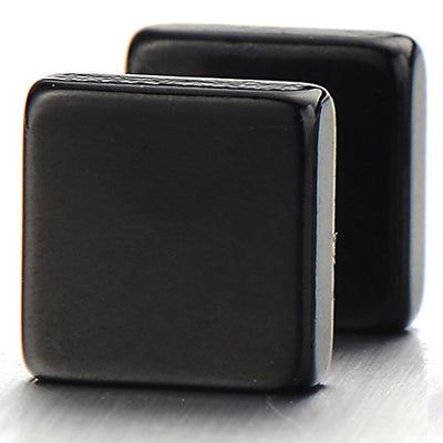 2pcs 6mm Black Cube Barbell Earrings Men, Stainless Steel Cheater Fake Ear Plugs Gauges Illusion Tunnel - coolsteelandbeyond