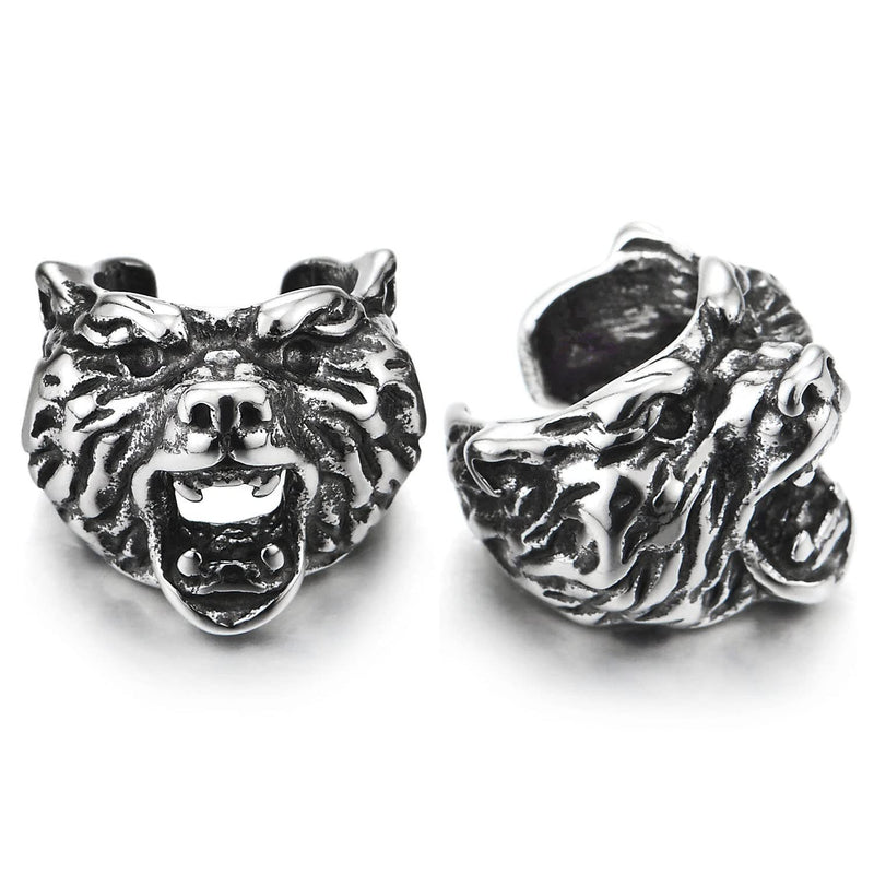 2pcs Mens Womens Steel Vintage Roaring Wolf Head Ear Cuff Ear Clip Non-Piercing Clip On Earrings - COOLSTEELANDBEYOND Jewelry