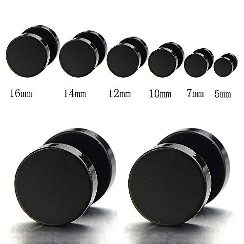 5MM-16MM Black Screw Stud Earrings for Men Women Steel Cheater Fake Ear Plugs Gauges Illusion Tunnel - coolsteelandbeyond