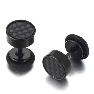 8-12MM Mens Black Stud Earrings Stainless Steel Illusion Tunnel Plug Screw Back with Carbon Fiber, 2pcs - coolsteelandbeyond