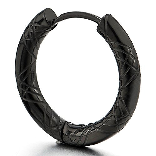 Stainless Steel Black Grooved Circle Huggie Hinged Hoop Earrings for Men Women, 2pcs - coolsteelandbeyond