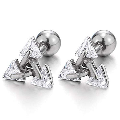 Black Stainless Steel Triangle Cubic Zirconia Stud Earrings for Men Women, Screw Back Post, 2pcs - coolsteelandbeyond