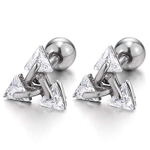 Black Stainless Steel Triangle Cubic Zirconia Stud Earrings for Men Women, Screw Back Post, 2pcs - coolsteelandbeyond