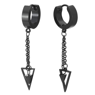 Steel Huggie Hinged Earrings with Long Chain Dangling Cone and Hollow Triangle Men Women, 2pcs - coolsteelandbeyond