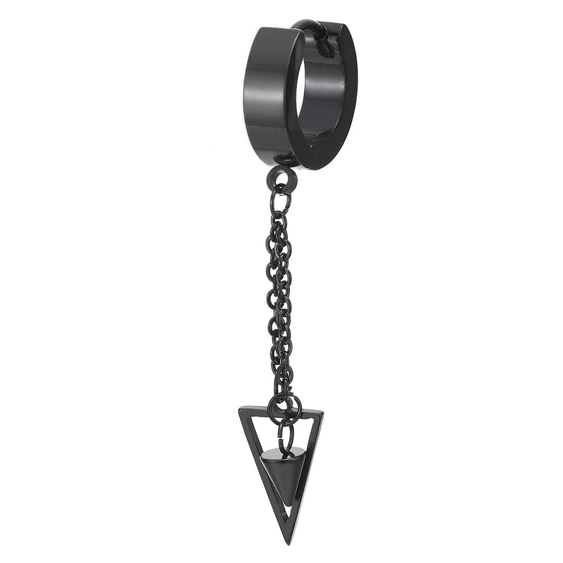 Steel Huggie Hinged Earrings with Long Chain Dangling Cone and Hollow Triangle Men Women, 2pcs - coolsteelandbeyond