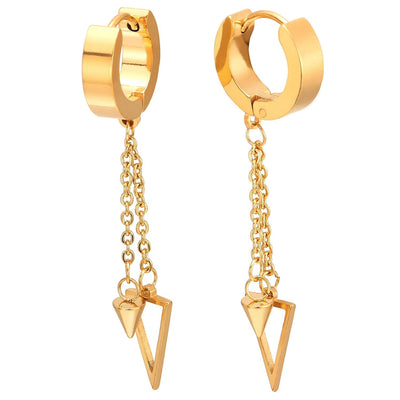 Steel Huggie Hinged Earrings with Long Chain Dangling Cone and Hollow Triangle Men Women, 2pcs - coolsteelandbeyond