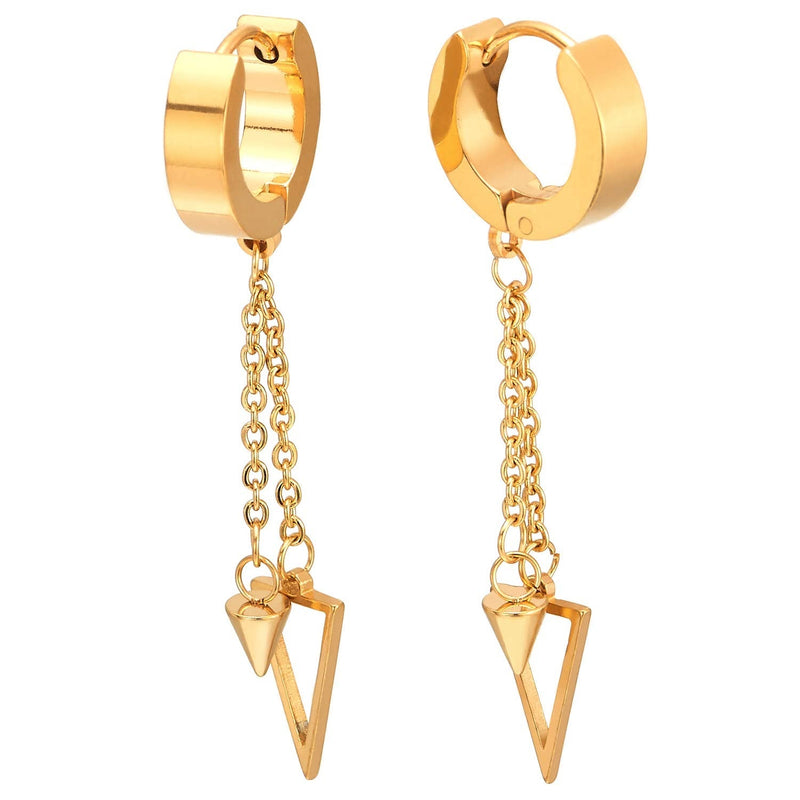Steel Huggie Hinged Earrings with Long Chain Dangling Cone and Hollow Triangle Men Women, 2pcs - coolsteelandbeyond