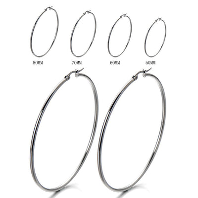 COOLSTEELANDBEYOND Pair Stainless Steel Large Plain Circle Huggie Hinged Hoop Earrings for Women Silver Color - COOLSTEELANDBEYOND Jewelry