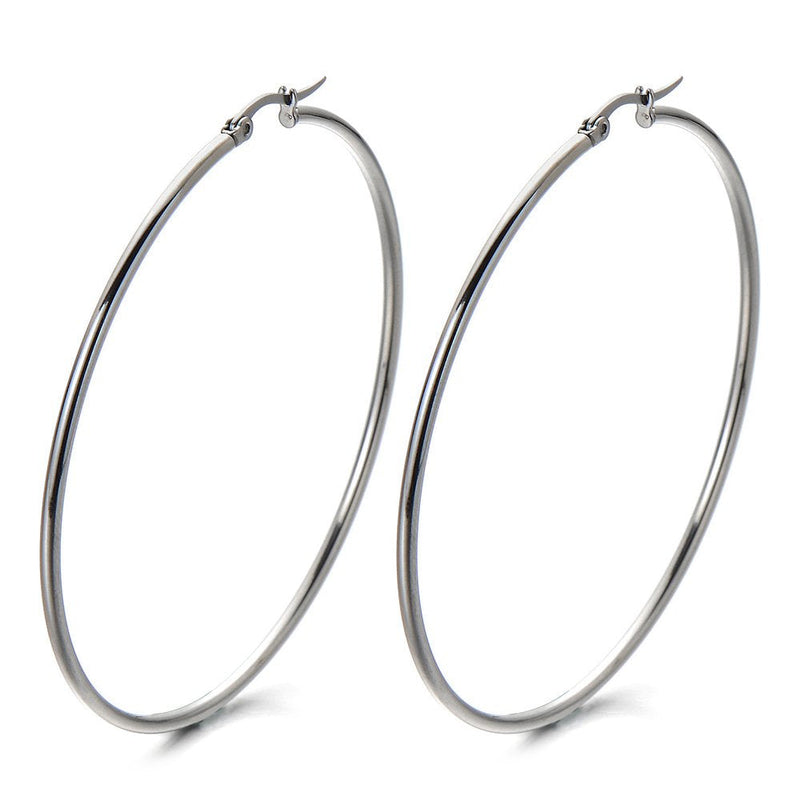 COOLSTEELANDBEYOND Pair Stainless Steel Large Plain Circle Huggie Hinged Hoop Earrings for Women Silver Color - COOLSTEELANDBEYOND Jewelry