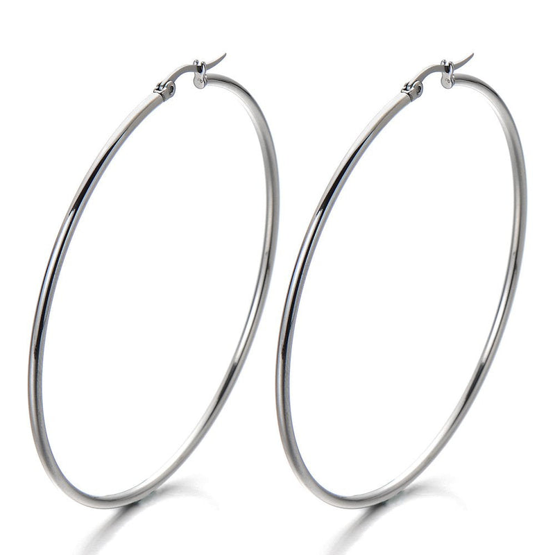 COOLSTEELANDBEYOND Pair Stainless Steel Large Plain Circle Huggie Hinged Hoop Earrings for Women Silver Color - COOLSTEELANDBEYOND Jewelry