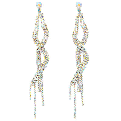 Elegant Rainbow Rhinestone Cluster Long Dangle Tassel Earrings, Party Dress Event Pageant Banquet - COOLSTEELANDBEYOND Jewelry