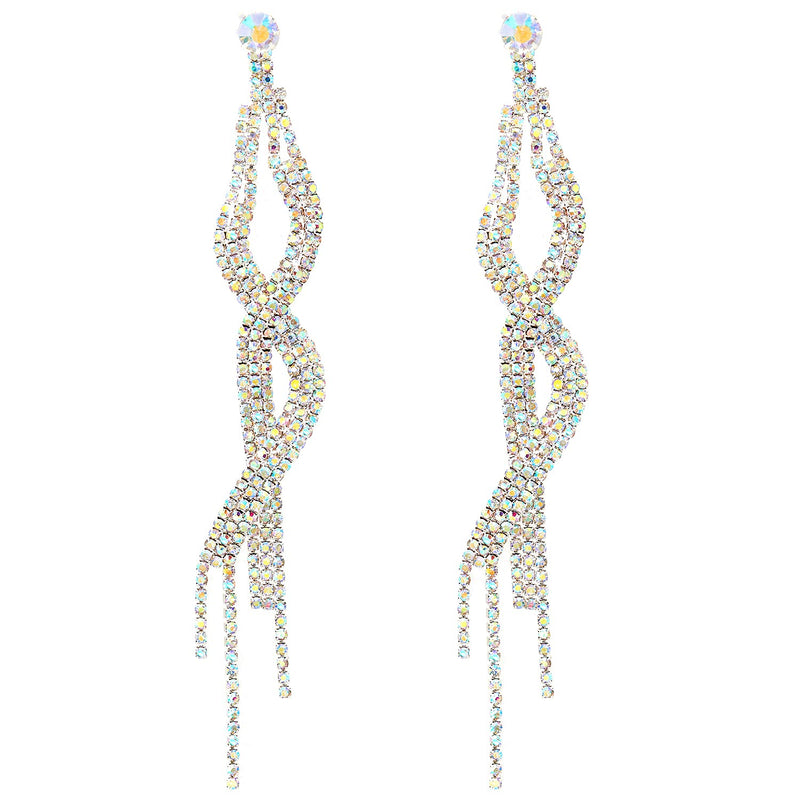 Elegant Rainbow Rhinestone Cluster Long Dangle Tassel Earrings, Party Dress Event Pageant Banquet - COOLSTEELANDBEYOND Jewelry