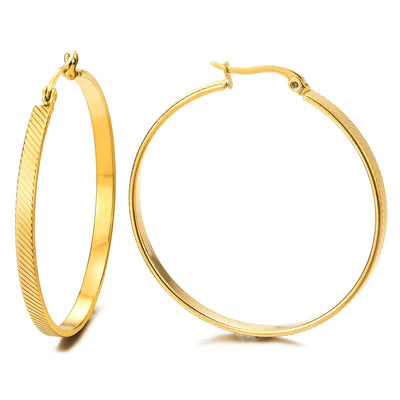 Gold Color Statement Earrings Oblique Texture Grooved Stripes Circle Huggie Hinged Hoop, Fashion - COOLSTEELANDBEYOND Jewelry