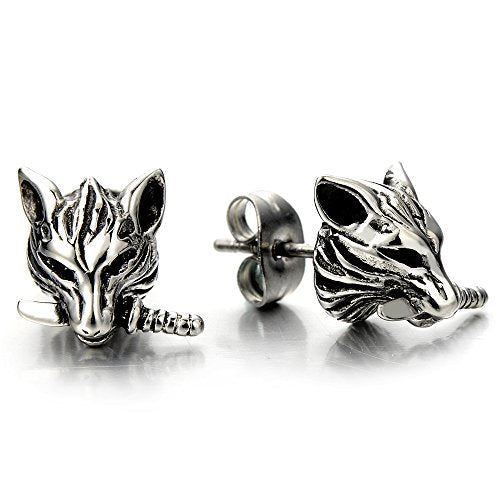 Rock Punk Mens Wolf Head Sword Stud Earrings in Stainless Steel, 2 Pcs - coolsteelandbeyond