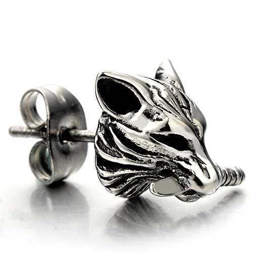 Rock Punk Mens Wolf Head Sword Stud Earrings in Stainless Steel, 2 Pcs - coolsteelandbeyond