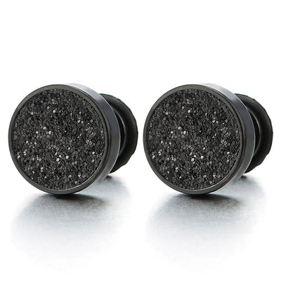 Men Women Black Screw Circle Stud Earrings with Black Sand Glitter, Steel Cheater Fake Plugs Gauge - coolsteelandbeyond