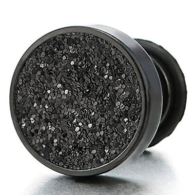 Men Women Black Screw Circle Stud Earrings with Black Sand Glitter, Steel Cheater Fake Plugs Gauge - coolsteelandbeyond