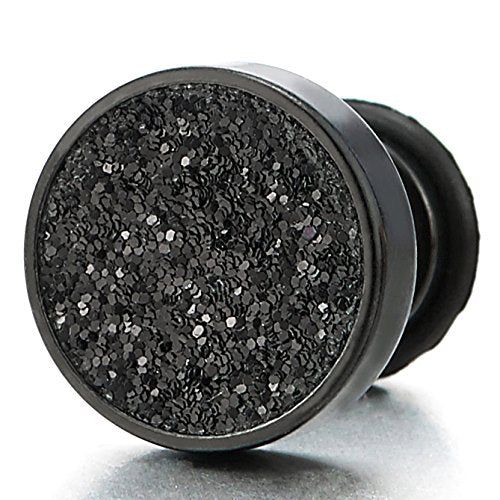 Men Women Black Screw Circle Stud Earrings with Black Sand Glitter, Steel Cheater Fake Plugs Gauge - coolsteelandbeyond