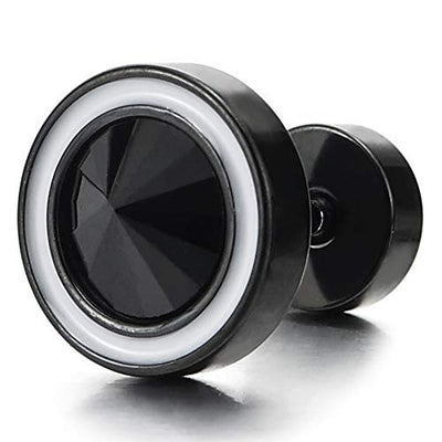 Men Womens Black Circle Stud Earrings Spiked Gem Stone White Enamel, Steel Cheater Fake Ear Illusion - COOLSTEELANDBEYOND Jewelry
