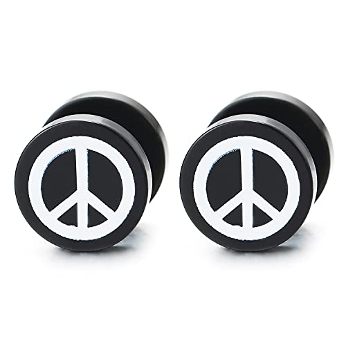 Mens Women Black Circle Stud Earrings with White Anti-War Symbol Steel Cheater Fake Ear Plugs Gauges - COOLSTEELANDBEYOND Jewelry