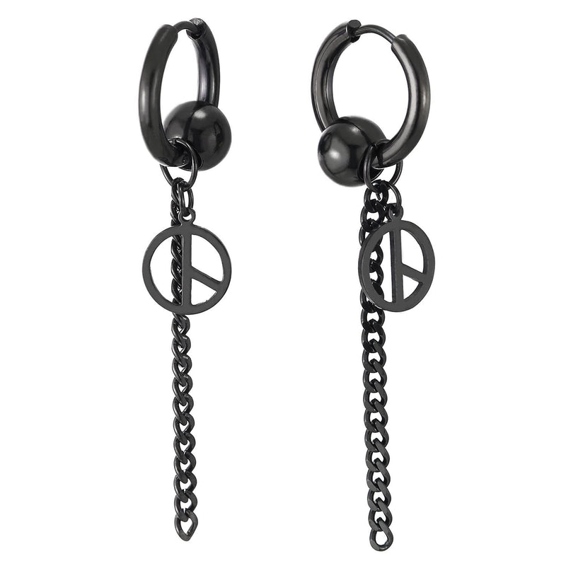 Mens Women Black Steel Huggie Hinged Hoop Earrings with Charms and Dangling Long Chain 2 pcs - COOLSTEELANDBEYOND Jewelry