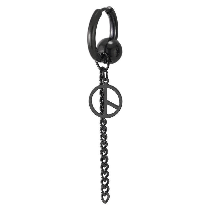 Mens Women Black Steel Huggie Hinged Hoop Earrings with Charms and Dangling Long Chain 2 pcs - COOLSTEELANDBEYOND Jewelry