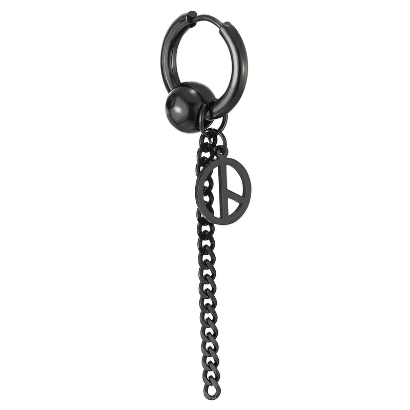 Mens Women Black Steel Huggie Hinged Hoop Earrings with Charms and Dangling Long Chain 2 pcs - COOLSTEELANDBEYOND Jewelry