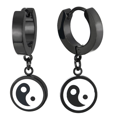 Mens Women Black Steel Huggie Hinged Hoop Earrings with Circle Yin-Yang and White Enamel 2 pcs - COOLSTEELANDBEYOND Jewelry