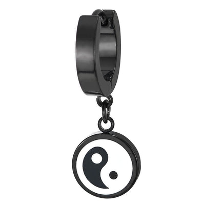 Mens Women Black Steel Huggie Hinged Hoop Earrings with Circle Yin-Yang and White Enamel 2 pcs - COOLSTEELANDBEYOND Jewelry