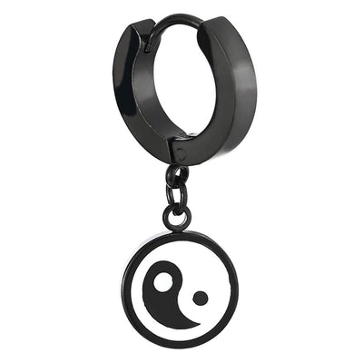 Mens Women Black Steel Huggie Hinged Hoop Earrings with Circle Yin-Yang and White Enamel 2 pcs - COOLSTEELANDBEYOND Jewelry