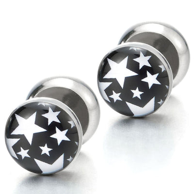 Mens Women Black White Pentagram Star Circle Stud Earrings, Steel Cheater Fake Ear Plug Gauge Tunnel - COOLSTEELANDBEYOND Jewelry