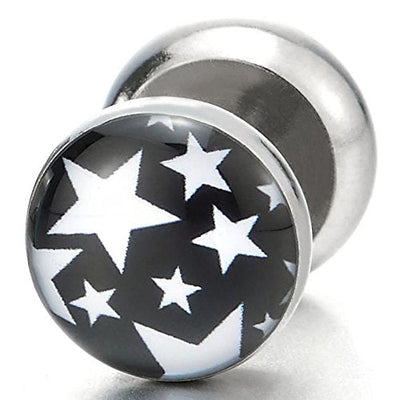 Mens Women Black White Pentagram Star Circle Stud Earrings, Steel Cheater Fake Ear Plug Gauge Tunnel - COOLSTEELANDBEYOND Jewelry