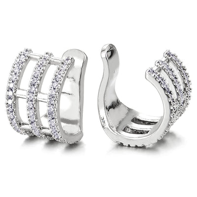 Mens Women Hollow Grid Ear Cuff Ear Clip Non-Piercing Clip On Earrings with Cubic Zirconia 2 pcs - COOLSTEELANDBEYOND Jewelry