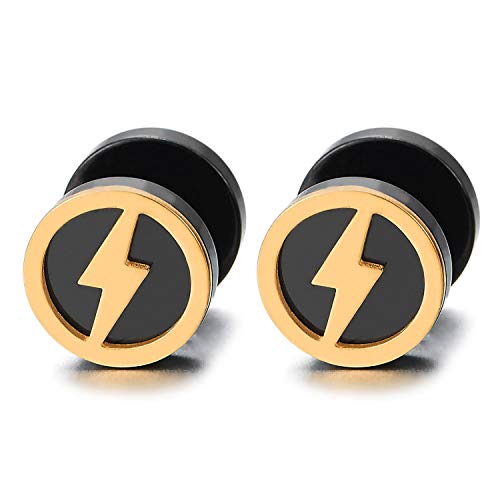 Mens Women Lightning Bolt Silver Black Circle Stud Earrings, Steel Cheater Fake Ear Plugs Gauges - coolsteelandbeyond